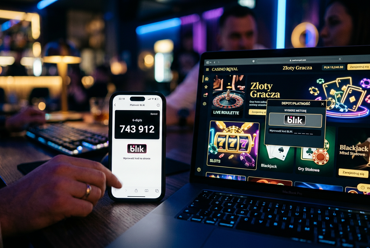 Smartphone showing BLIK code next to digital casino interface