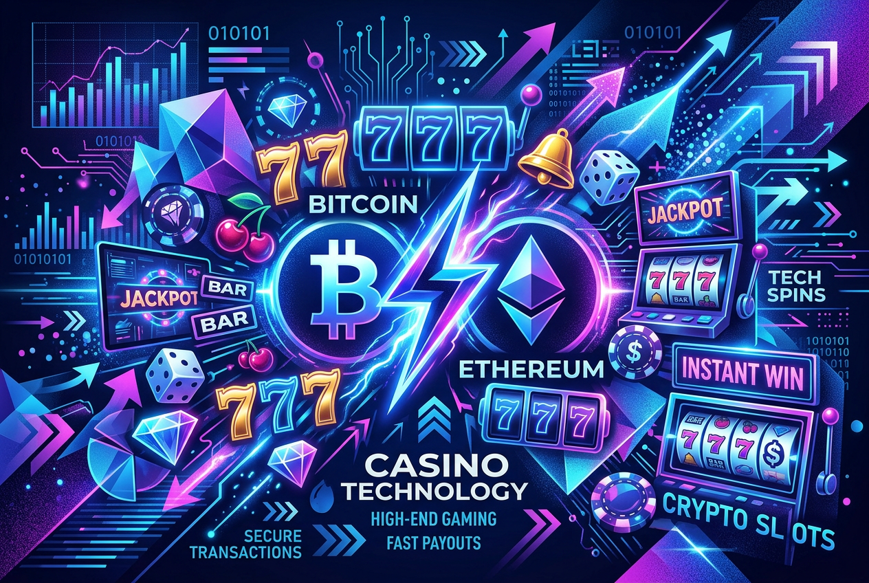 Kolaż grafik przedstawiający nowoczesne sloty, logotypy krypto oraz symbol błyskawicy sugerujący szybkość
