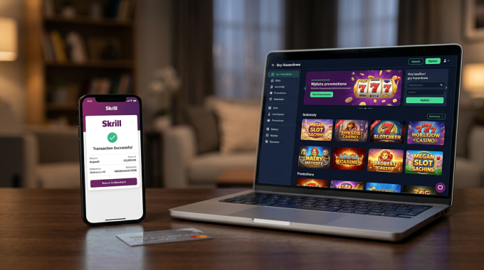 Smartfon z aplikacją Skrill i laptop z otwartym kasynem online na biurku