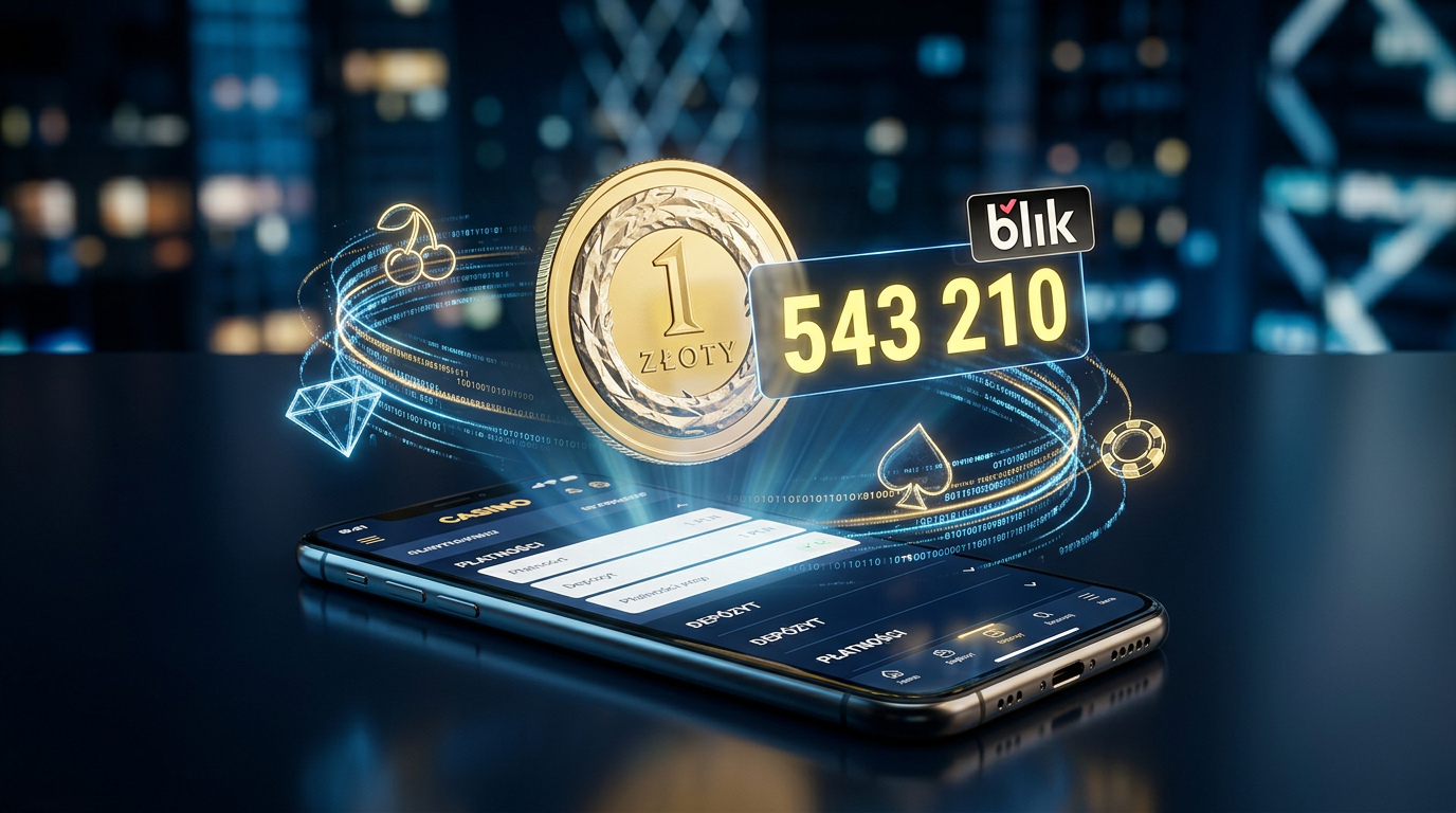 Złota moneta 1 PLN i logo BLIK nad smartfonem z grami kasynowymi