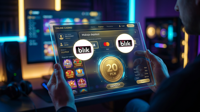 Futurystyczne kasyno online z logiem BLIK i monetą 20 PLN na tablecie