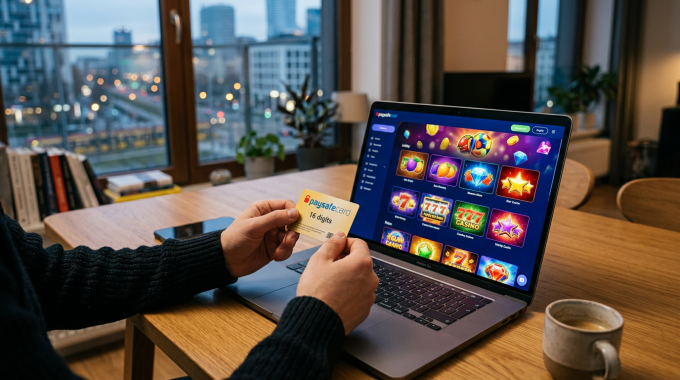 Ręce gracza trzymające kupon Paysafecard przed ekranem kasyna online