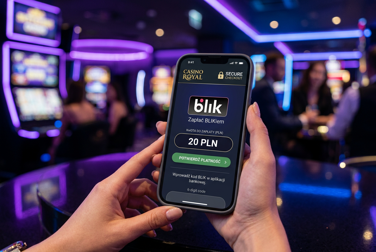 Zbliżenie na ekran smartfona z bramką płatniczą BLIK w kasynie online i wpisaną kwotą 20 PLN
