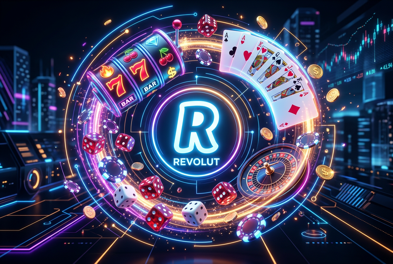 Symbole kasynowe i logo Revolut w dynamicznej, cyfrowej kompozycji