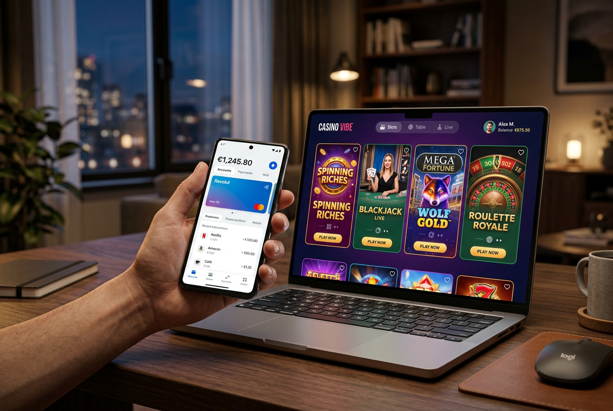 Smartfon z aplikacją Revolut obok laptopa z otwartym lobby kasyna online